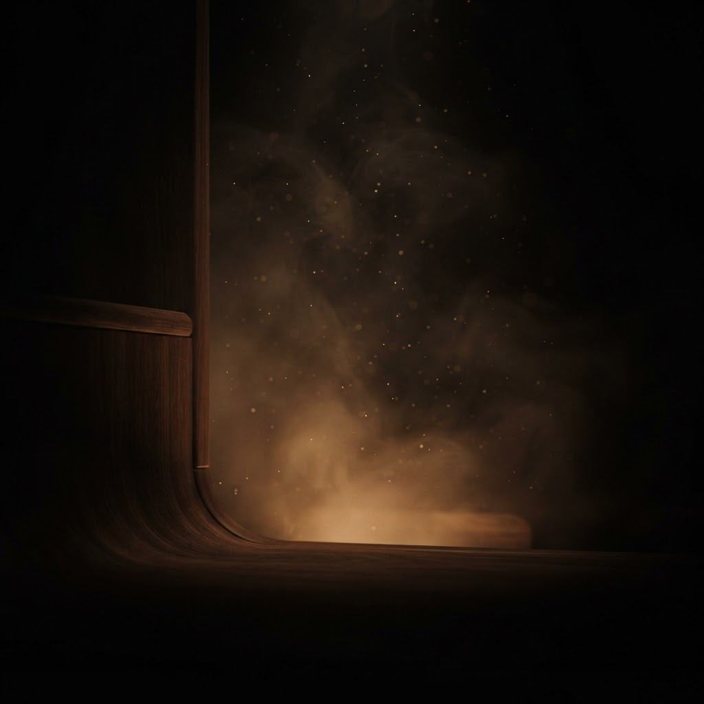 A cinematic, warm amber atmosphere of soft light, drifting smoke and glowing particles against darkness